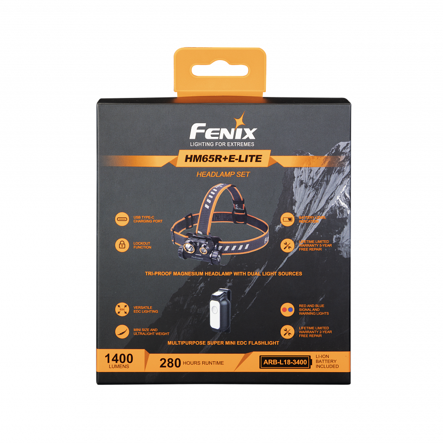 Фонарь налобный Fenix HM65R + Фонарь универсальный Fenix E-LITE2
