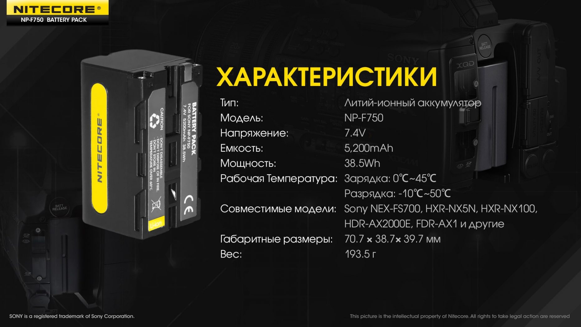Аккумулятор Li-Ion Nitecore NP-F750 для камер Sony NEX-FS700-6